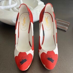 YSL Red Floral Canvas Wedge Heels - Size 40